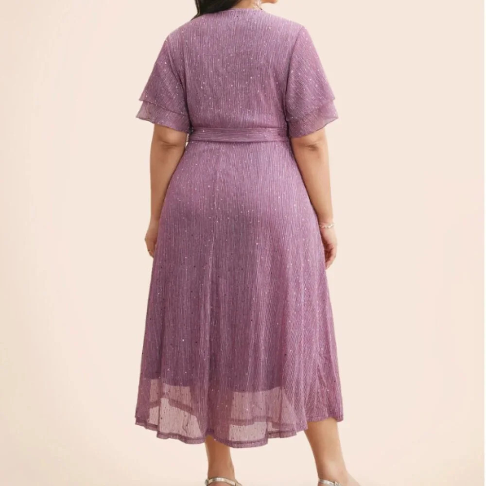 BloomChic plus size Plain V Neck Mesh Pocket Ruffle Tiered Belted Midi Dress - Picture 4 of 5